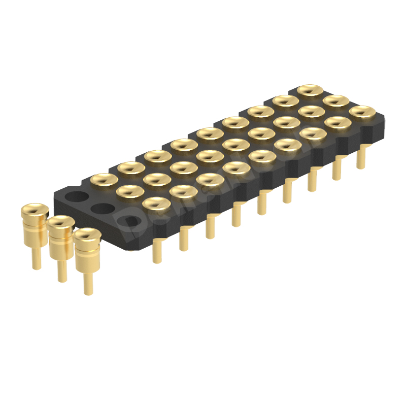 Denentech镀金2.00MMH1.27三排母座180度凹面导电弹簧针pogo pin连接器