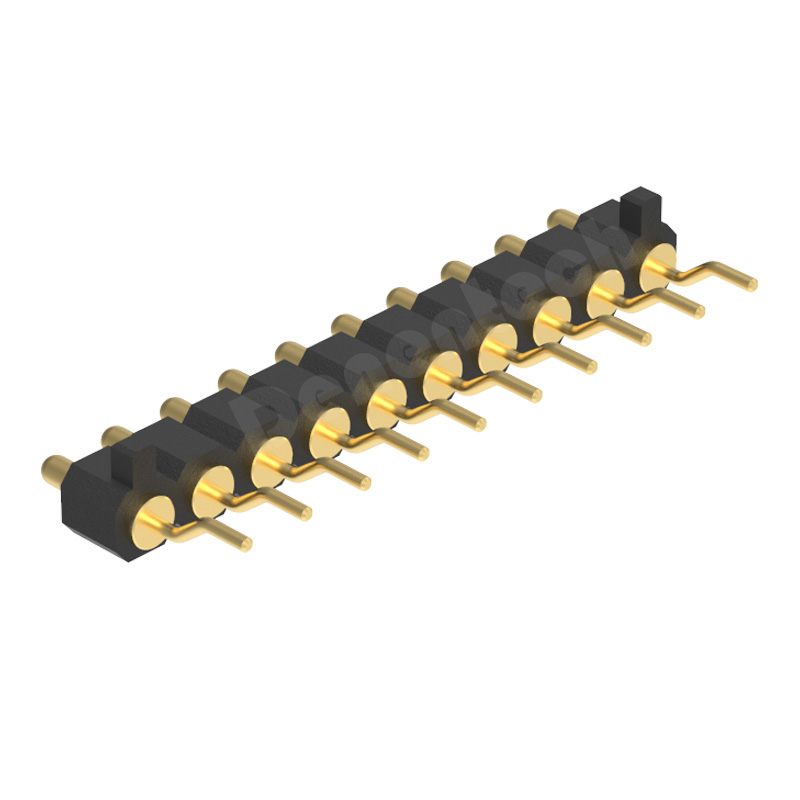 Denentech Customized 2.54mm pitch H2.5 single row male right angle SMT pogo pin connector with peg