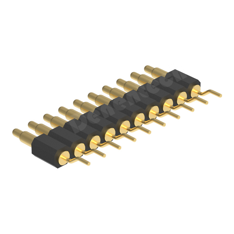 Denentech gold plating 2.54mm pitch H4.0 single row male right angle SMT pogo pin connector