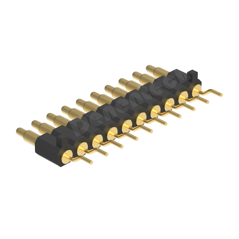 Denentech Factory hot sale 2.54mm pitch H4.0 single row male right angle SMT pogo pin connector with peg