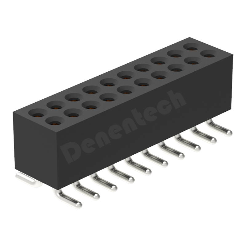 Denentech 工厂直供 1.27MM圆P排母H3.80xW3.25双排立贴弯针圆孔排母