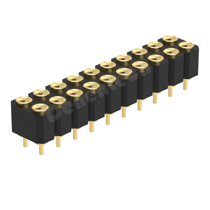 Denentech gold plating 2.54mm pitch H4.0 dual row female straight DIP concave pogo pin connector