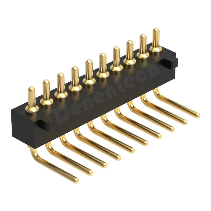 Denentech 工厂定制 1.27MM弹簧针H2.0单排公座90度帯柱镀金pogopin顶针