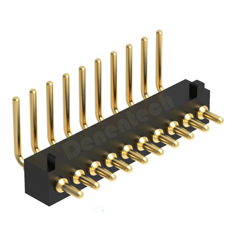 Denentech 工厂定制 1.27MM弹簧针H2.0单排公座90度帯柱镀金pogopin顶针