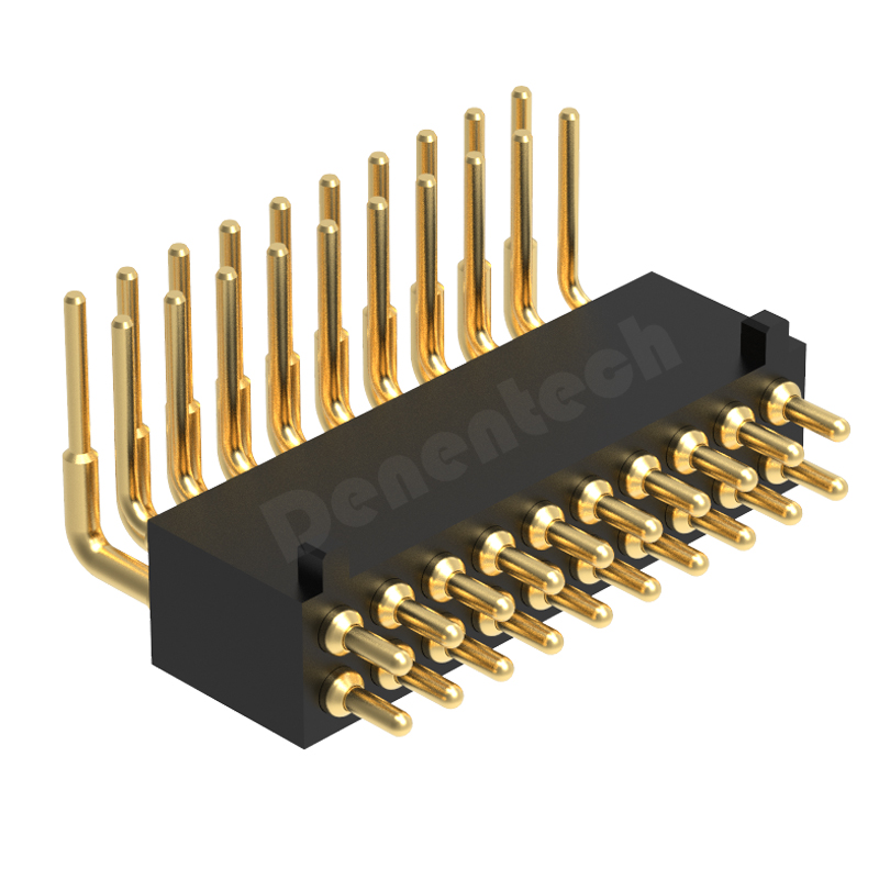 Denentech 工厂定制 1.27MM弹簧针H4.0双排公座90度帯柱智能穿戴pogopin镀金顶针