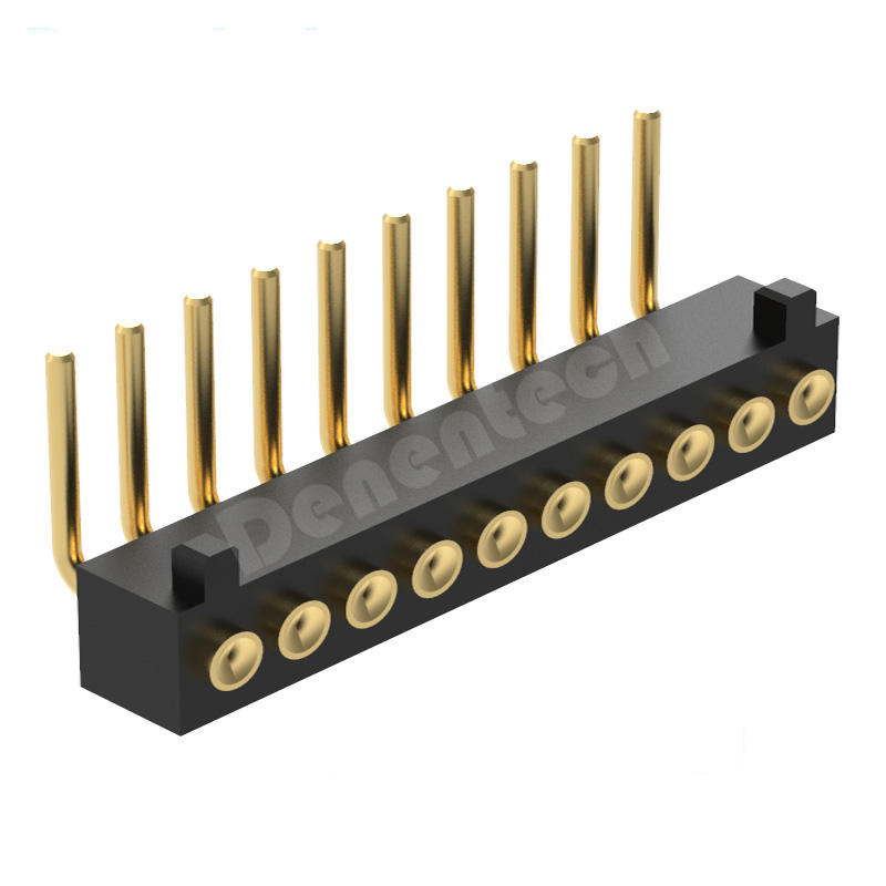 Denentech 工厂定制 1.27MM弹簧针H2.0单排母座90度凹面带柱 大电流顶针pogopin连接器
