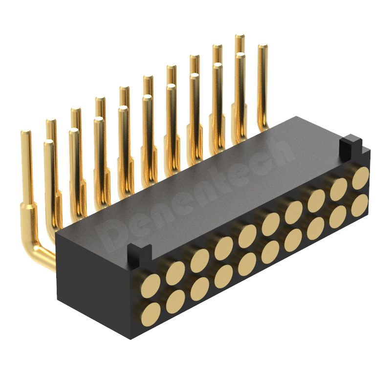 Denentech 工厂直销1.27MM弹簧针H4.0双排母座90度平面带柱pogo pin触点连接器
