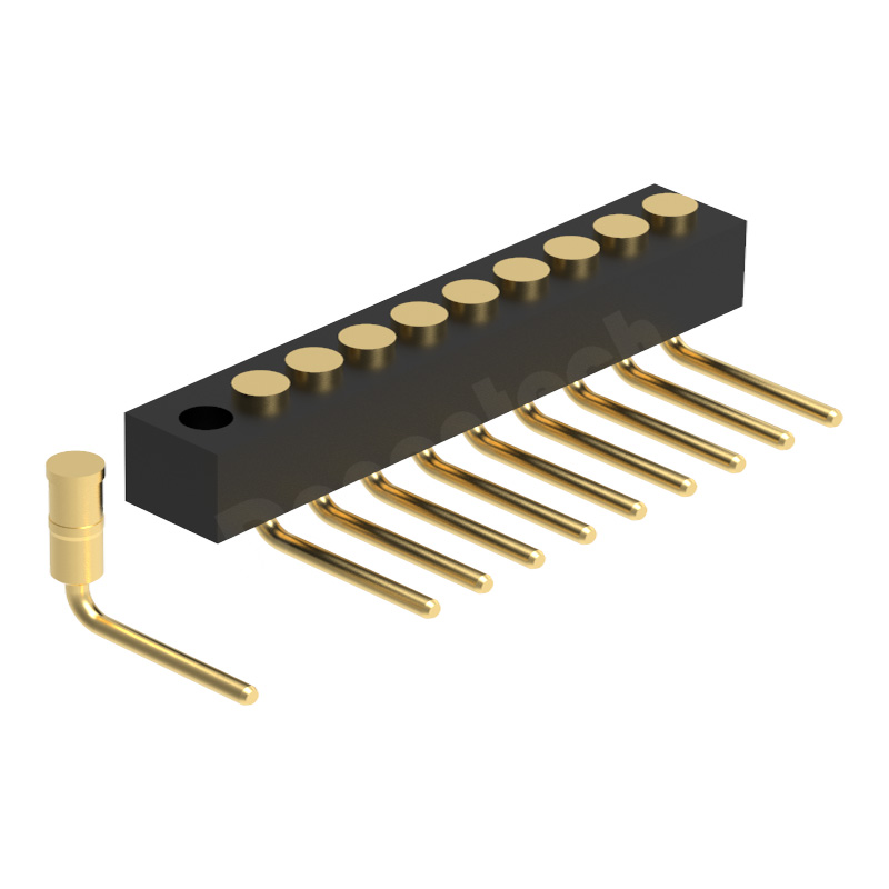 Denentech 厂家加工 1.27MM弹簧针H2.0单排母座90度平面接触折弯精细探针