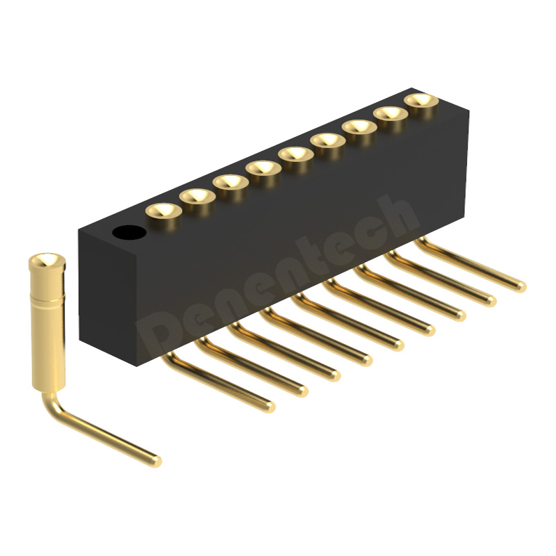 Denentech 热销1.27MM弹簧针H4.0单排母座90度弯针凹面弹簧探针电池充电针