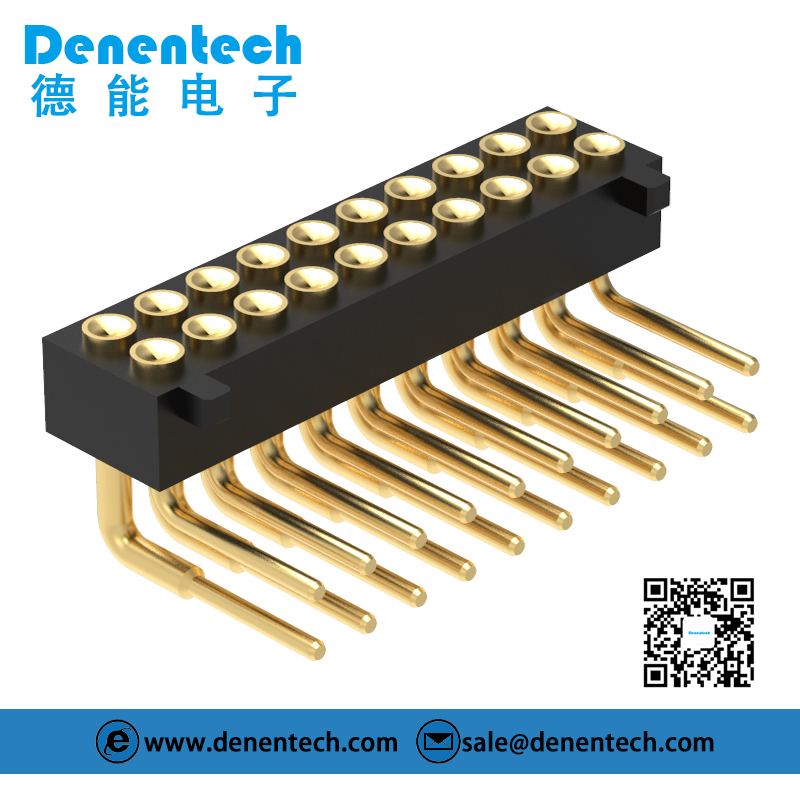 Denentech high-quality1.27MM pogo pin H2.0MM dual row female right angle concave with peg gold plated pogo pins 
