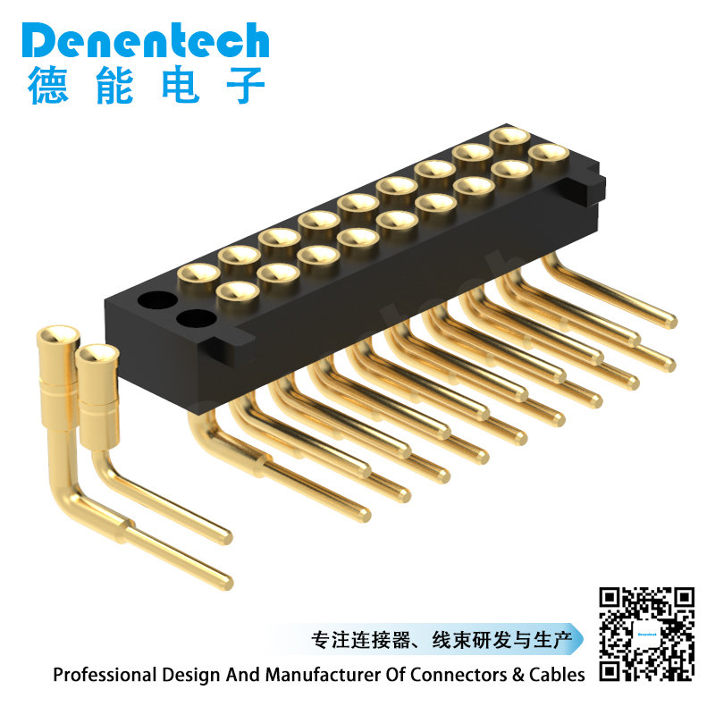 Denentech high-quality1.27MM pogo pin H2.0MM dual row female right angle concave with peg gold plated pogo pins 