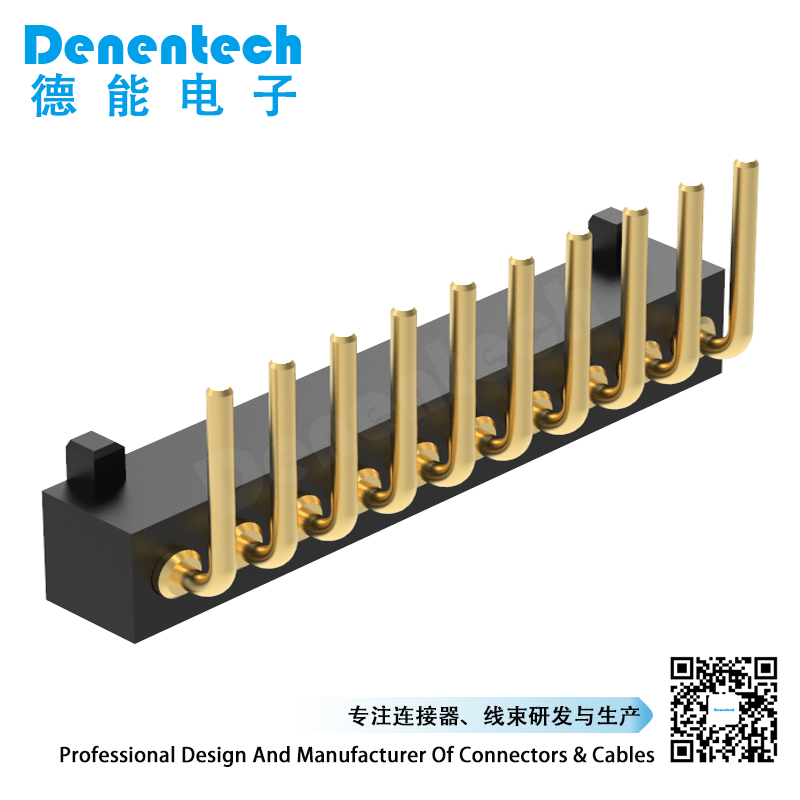 Denentech non standard customization 1.27MM pogo pin H2.0 MMsingle row female right angle with peg bending pogopin