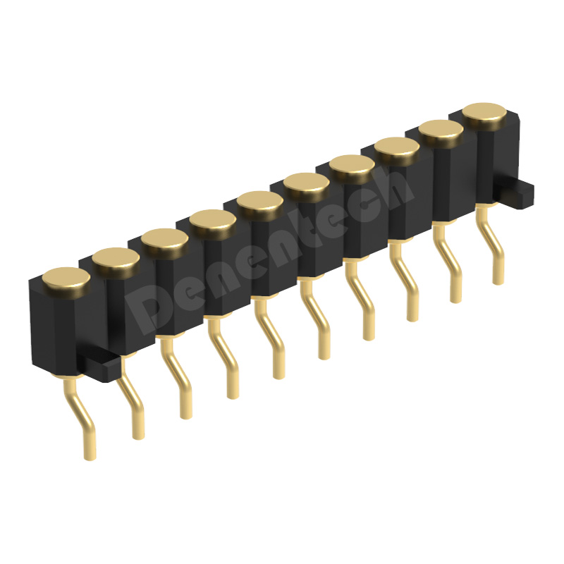 Denentech 2.54MM pogo pin H4.0MM single row female right angle SMT spring loaded pogo pin charger connector with peg