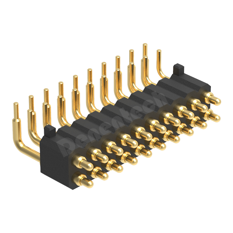 Denentech gold plating 2.0mm pitch H4.0 dual row male right angle DIP pogo pin connector with peg