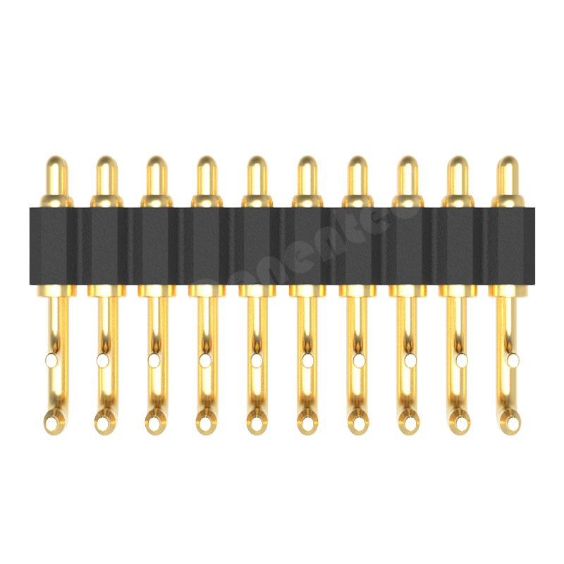 Denentech gold plating 2.0mm pitch H4.0 dual row male right angle DIP pogo pin connector with peg