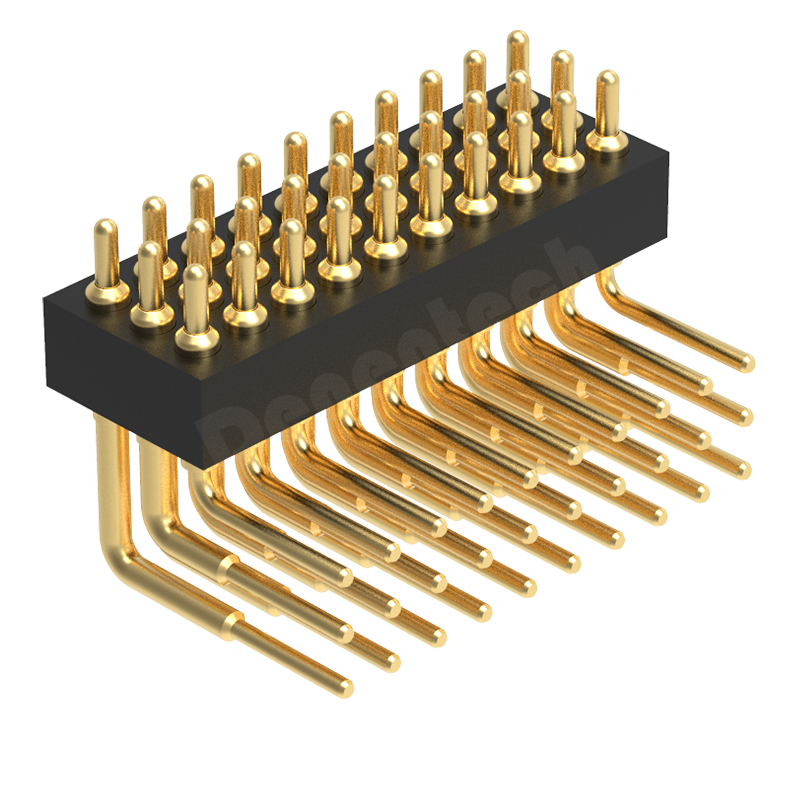 Denentech 厂家定制1.27MM弹簧针H2.0三排公座90度pogo pin弯脚弹簧顶针