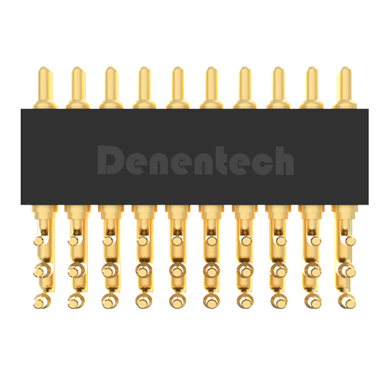 Denentech 厂家定制1.27MM弹簧针H2.0三排公座90度pogo pin弯脚弹簧顶针