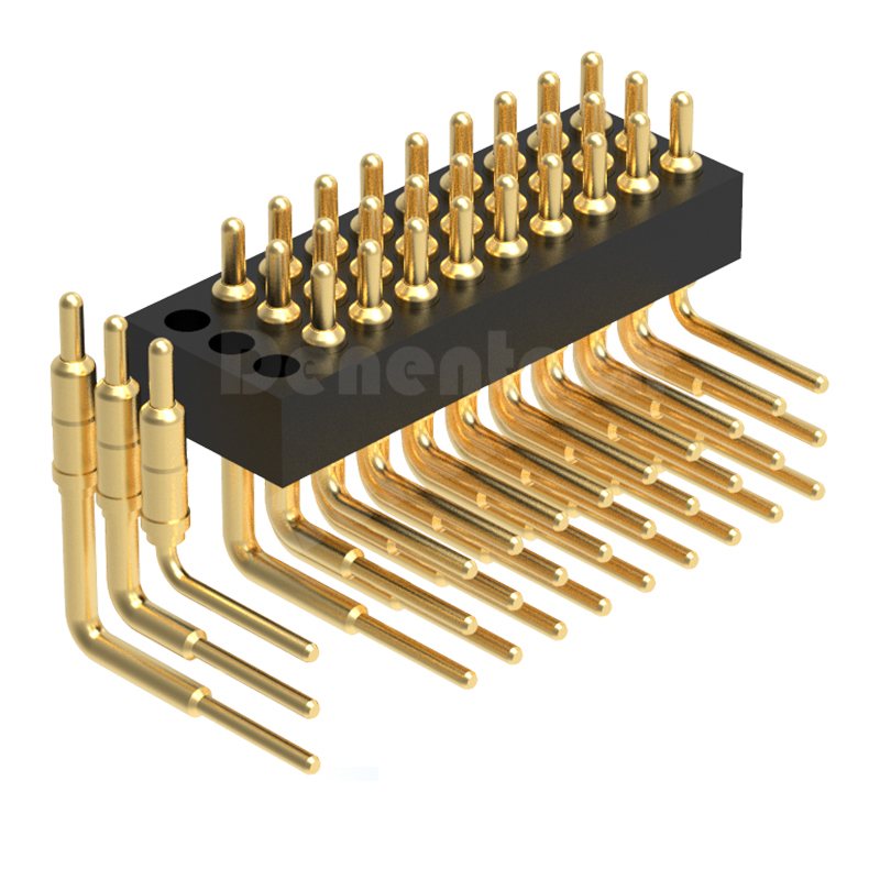 Denentech 厂家定制1.27MM弹簧针H2.0三排公座90度pogo pin弯脚弹簧顶针