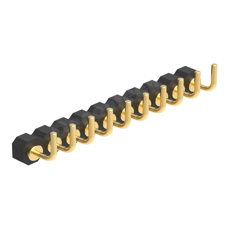 Denentech high quality gold plated 2.00mm pitch H1.27mm single row male right angle DIP pogo pin connector