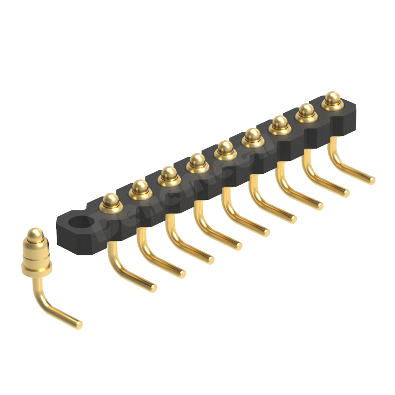 Denentech high quality gold plated 2.00mm pitch H1.27mm single row male right angle DIP pogo pin connector