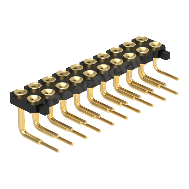 Denentech 2.54MM pogo pin H1.27MM dual row female right angle 8 pin magnetic pogo pin connector with peg