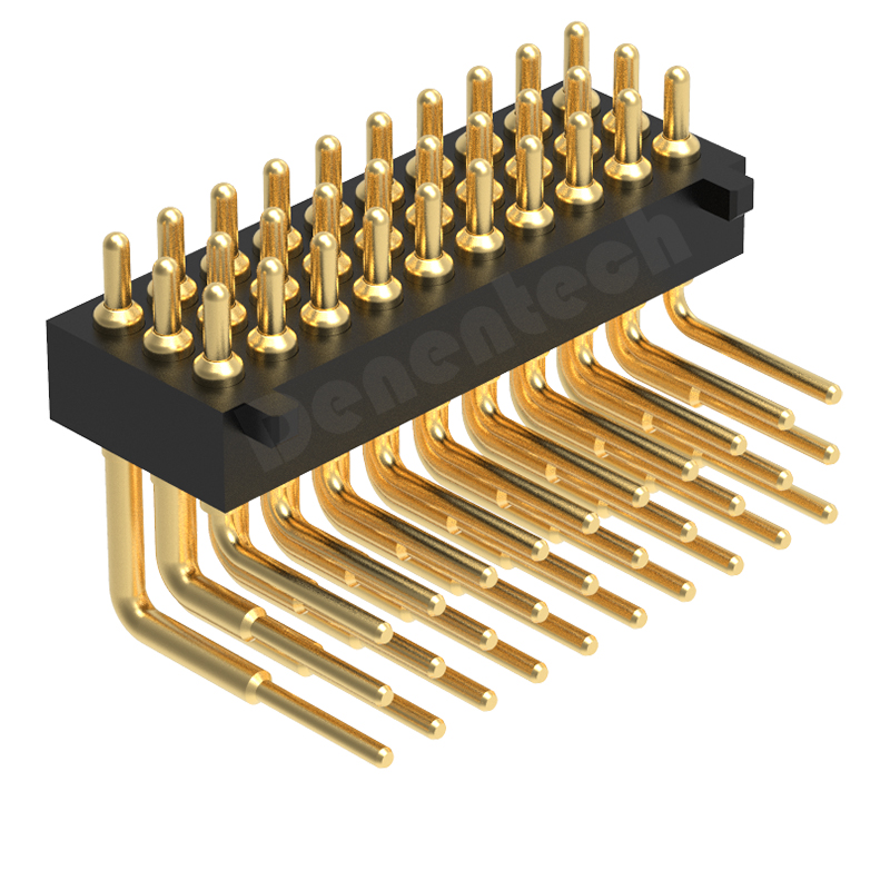 Denentech 厂家热销1.27MM弹簧针H2.0三排公座90度帯柱pogopin触点弹簧针