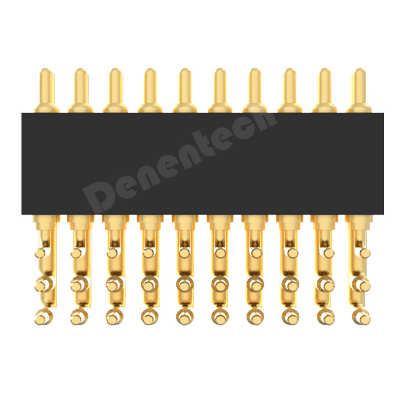 Denentech Hot sale 1.27MM pogo pin H2.0MM triple  row male right angle with peg pogo 3 pin