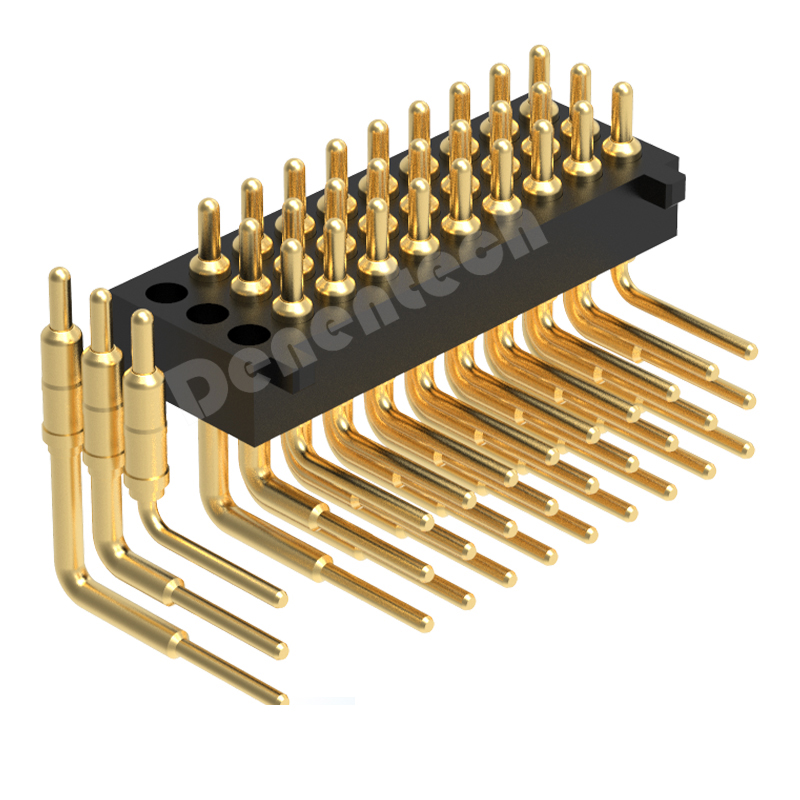 Denentech 厂家热销1.27MM弹簧针H2.0三排公座90度帯柱pogopin触点弹簧针