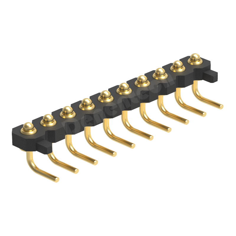 Denentech smart wearables 2.0MM  H1.27MM single row male right angle pogo pin connector  with peg 