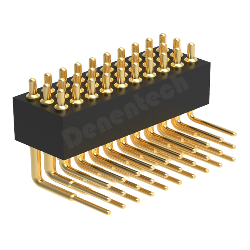 Denentech hot selling 1.27MM pogo pin H4.0MM triple row male right angle pin pogo oro