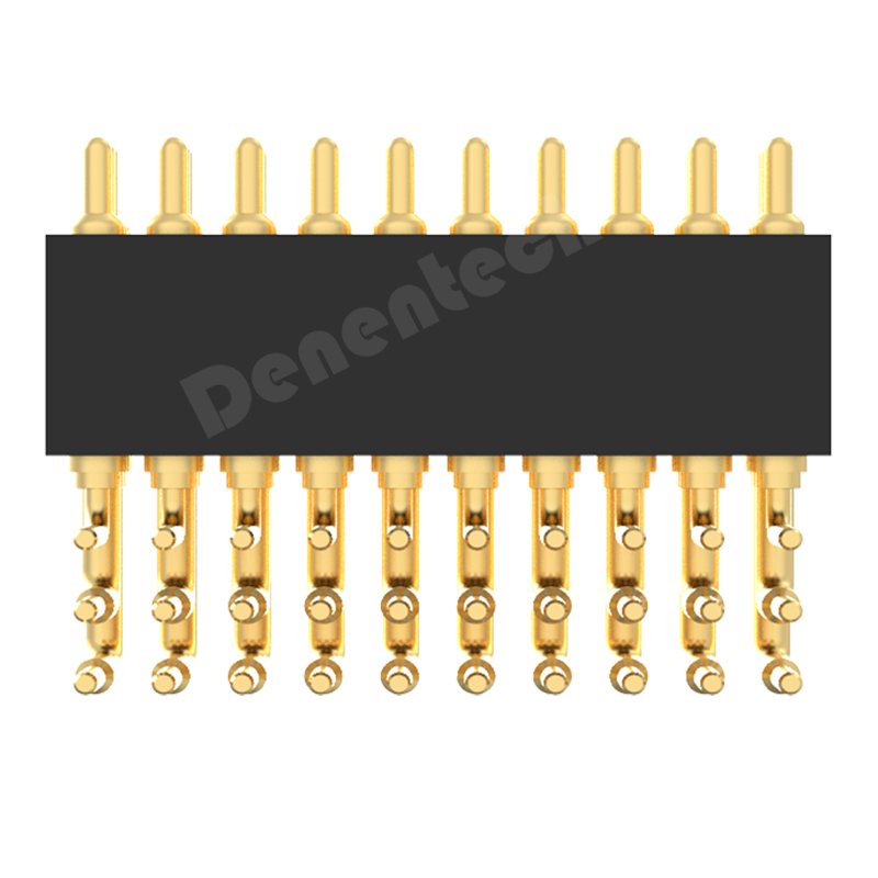 Denentech hot selling 1.27MM pogo pin H4.0MM triple row male right angle pin pogo oro