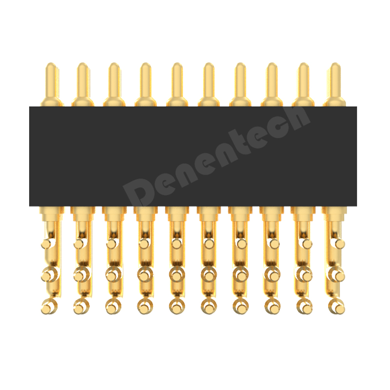 Denentech 工厂直接供应1.27MM弹簧针H4.0三排公座90度帯柱弯针充电顶针