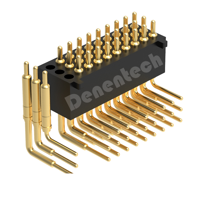 Denentech 工厂直接供应1.27MM弹簧针H4.0三排公座90度帯柱弯针充电顶针