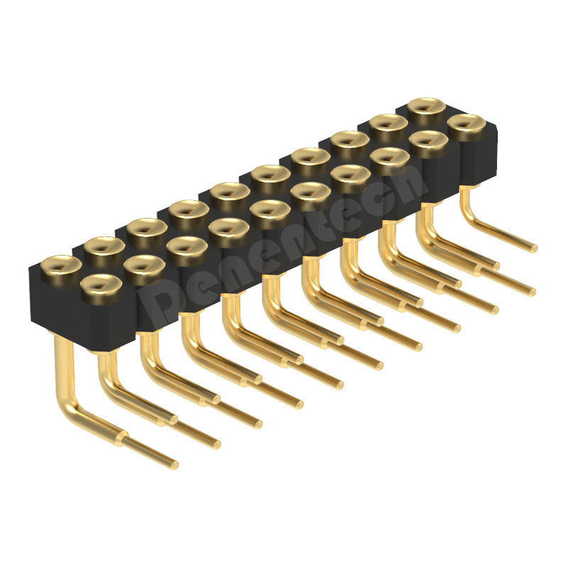 Denentech ODM 2.54MM pogo pin H2.5MM dual row fermale right angle Gold-Plated Contact Pogopin Spring Charging Pin connector