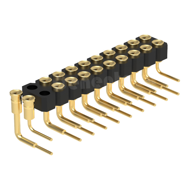 Denentech ODM 2.54MM pogo pin H2.5MM dual row fermale right angle Gold-Plated Contact Pogopin Spring Charging Pin connector