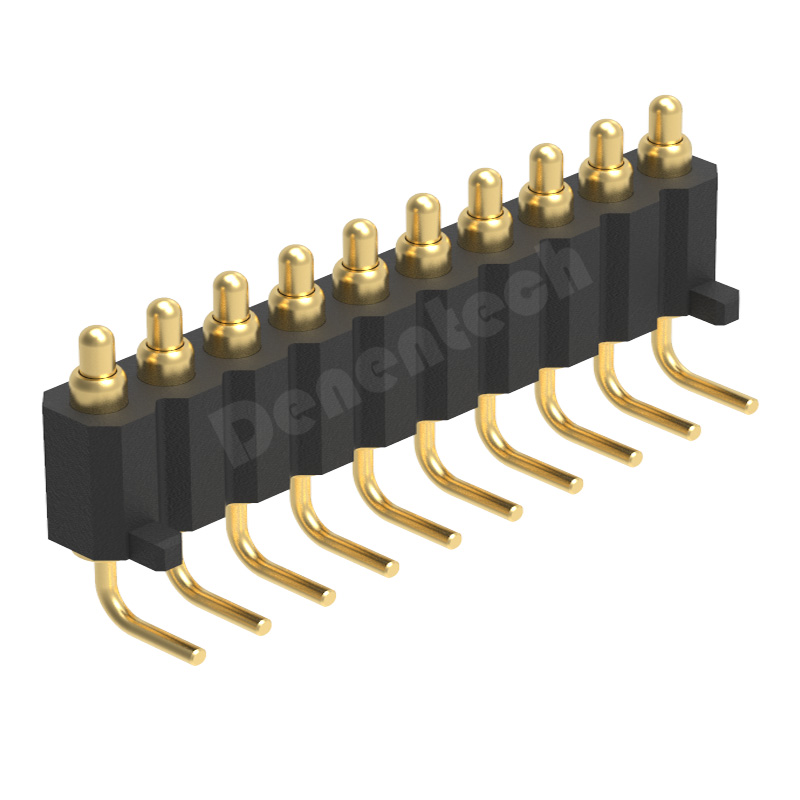 Denentech hot selling 2.0MM pitch  H4.0MM single row male right angle pogo pin with peg connectors