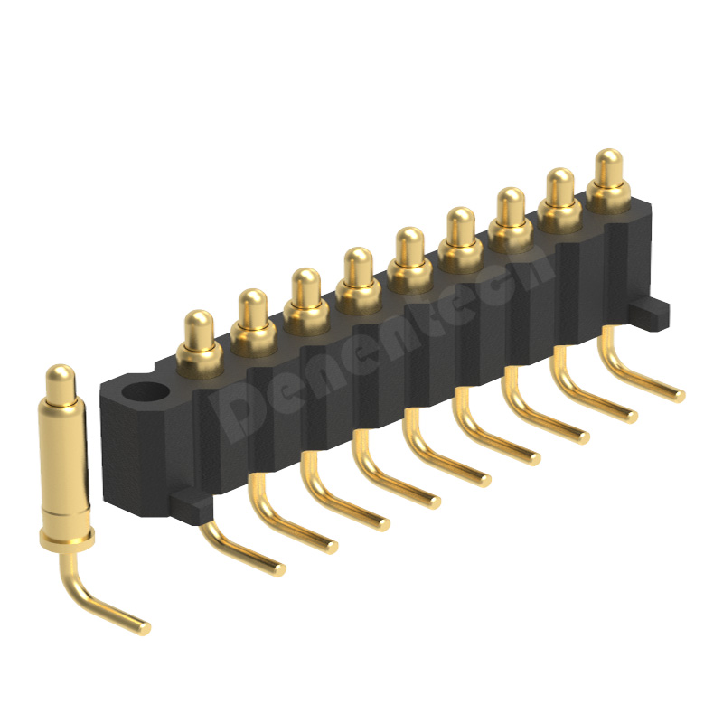 Denentech hot selling 2.0MM pitch  H4.0MM single row male right angle pogo pin with peg connectors