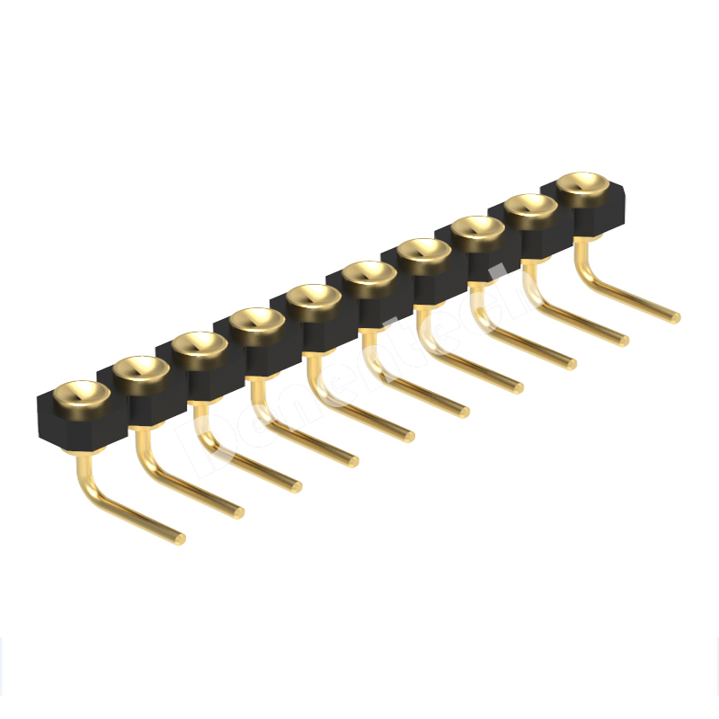 Denentech 2.54MM pogo pin H1.27MM single row female right angle concave spring loaded pogo pin connector