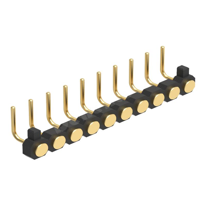 Denentech 2.54MM pogo pin H1.27MM single row female right angle teclado pin pogo connector with peg