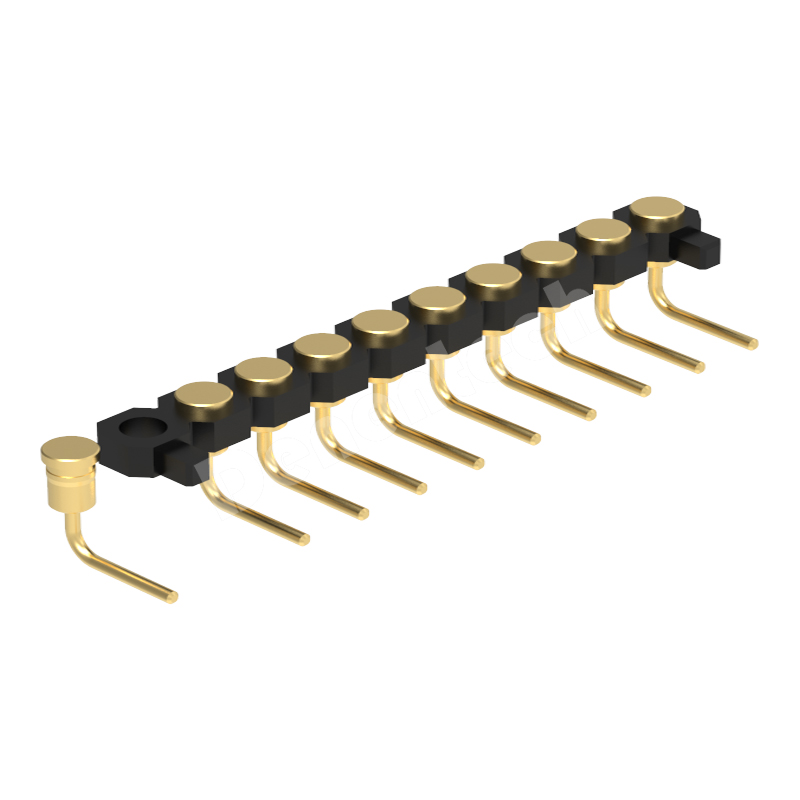 Denentech 2.54MM pogo pin H1.27MM single row female right angle teclado pin pogo connector with peg