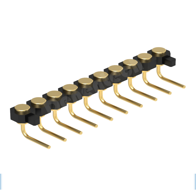 Denentech 2.54MM pogo pin H1.27MM single row female right angle teclado pin pogo connector with peg