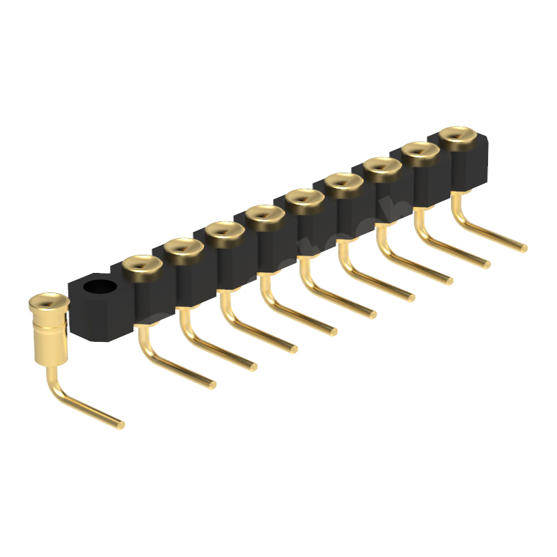 Denentech 2.54MM pogo pin H4.0MM single row female right angle SMT concave spring loaded pogo pin charger connector