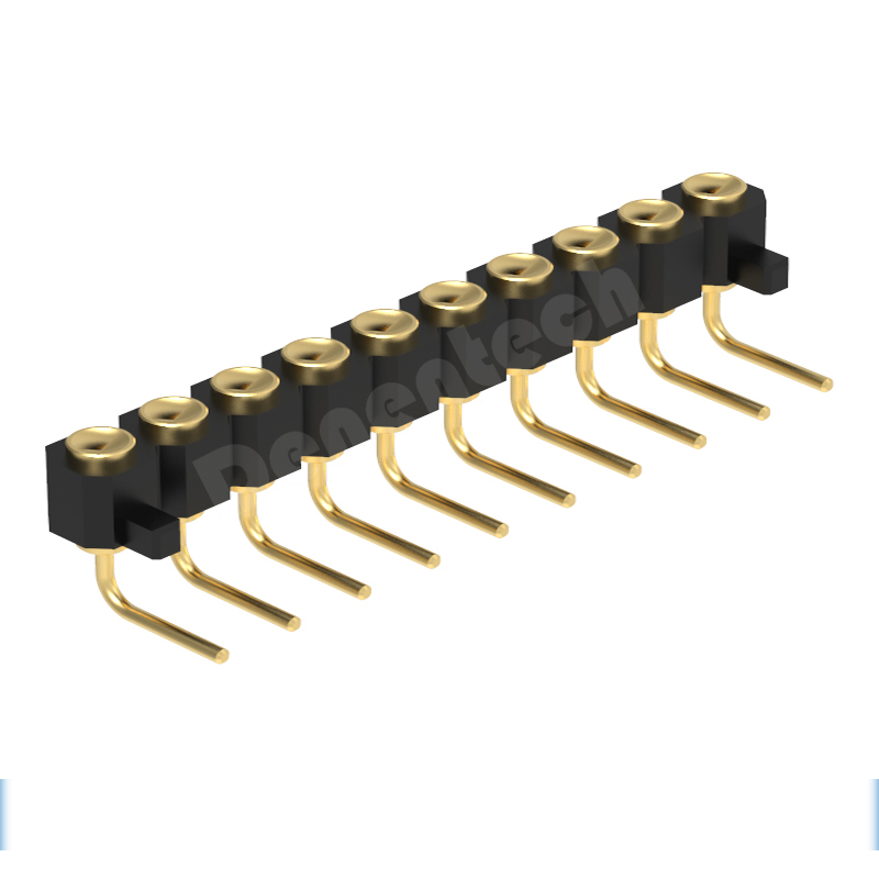 Denentech 2.54MM pogo pin H4.0MM single row female right angle concave spring test probe pogo pin connector with peg