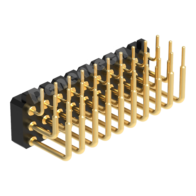 Denentech 2.54M pogo pin H2.5MM triple row female right angle Gold Plated Spring Loaded Pogo Pin connector with peg