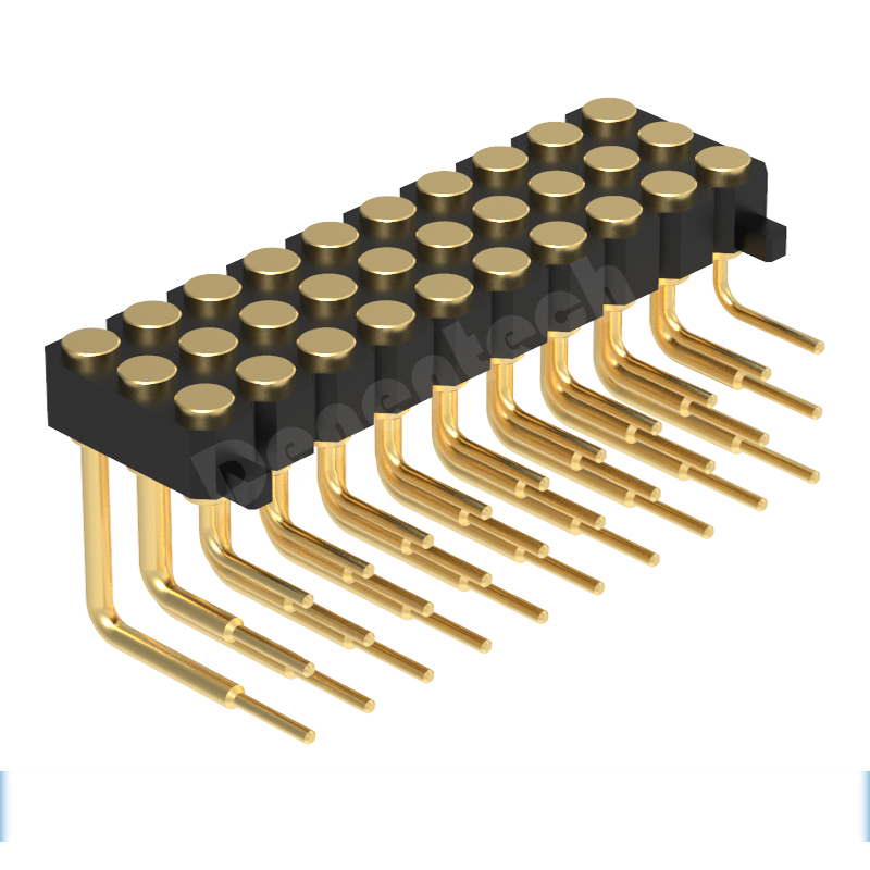 Denentech 2.54M pogo pin H2.5MM triple row female right angle Gold Plated Spring Loaded Pogo Pin connector with peg