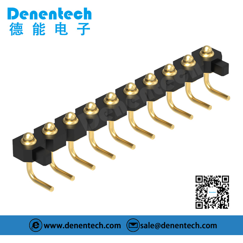 Denentech 2.54MM pogo pin H1.27MM single row male right angle gold plated pogo pin charger connector with peg