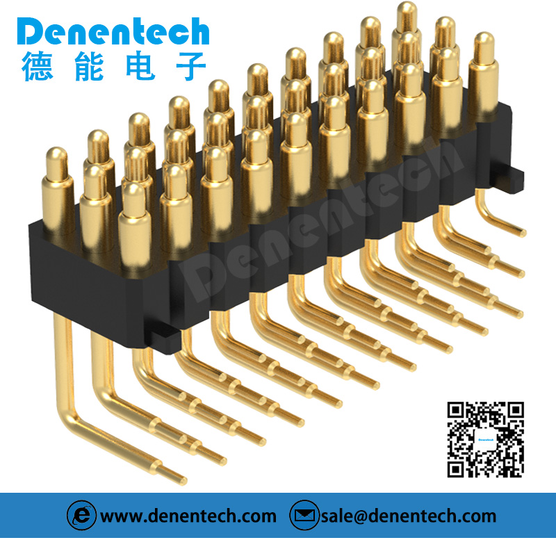 Denentech 2.54MM pogo pin H4.0MM triple row male right angle with peg spring loaded probe pogo pin connector