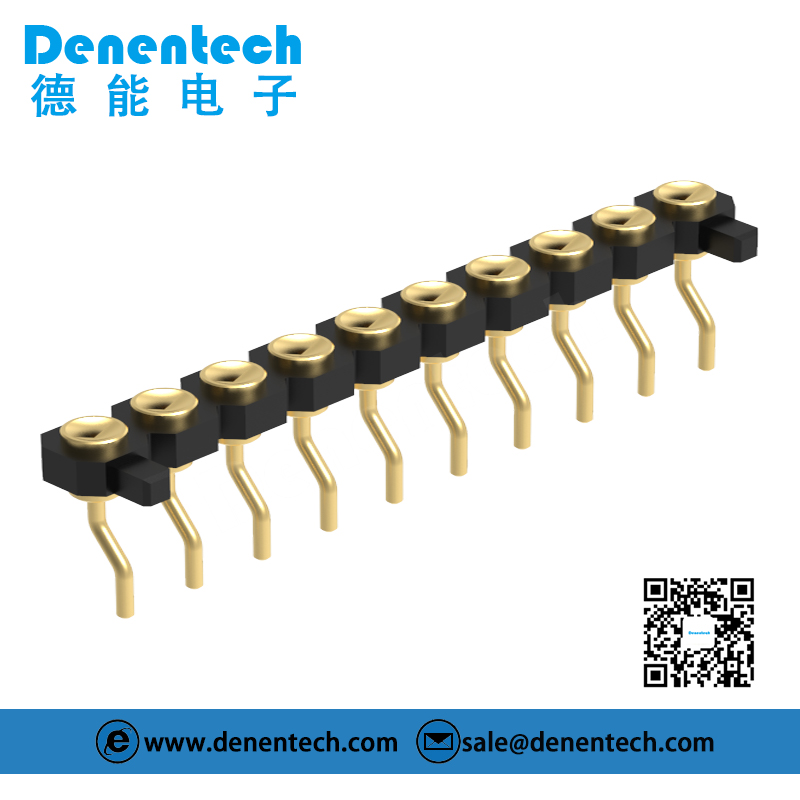Denentech 2.54MM pogo pin H1.27MM single row female right angle concave gold plated pogo pins pogo pin charger connector with peg