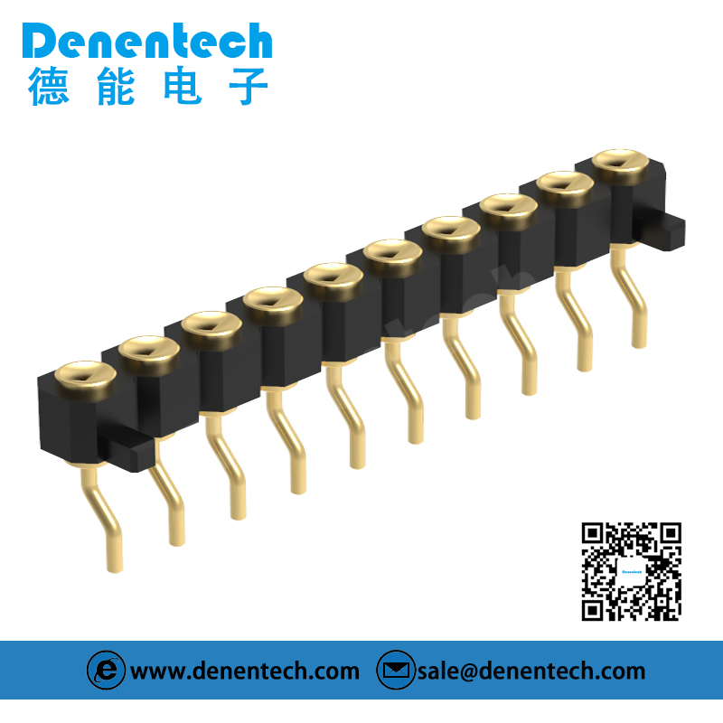 Denentech 2.54MM pogo pin H2.5MM single row female right angle SMT concave with peg