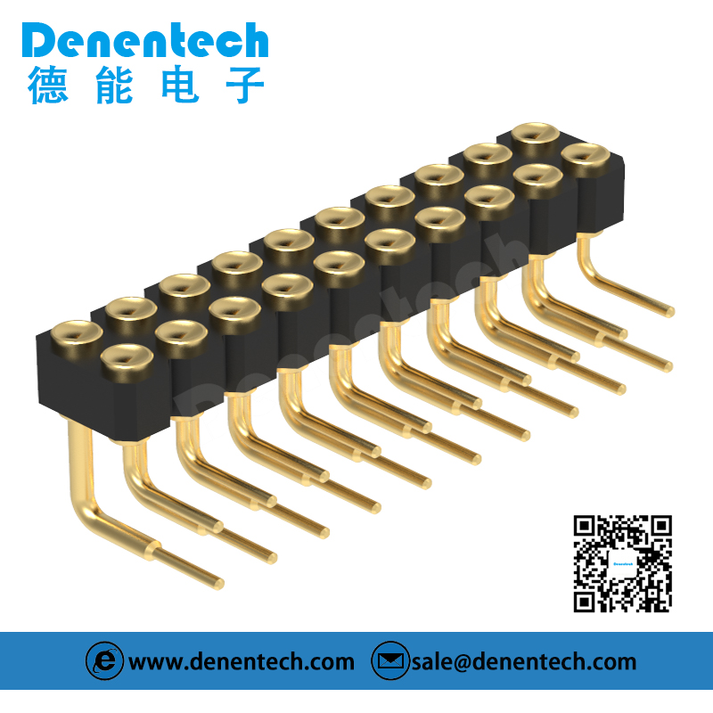 Denentech ODM 2.54MM pogo pin H2.5MM dual row female right angle Gold-Plated Contact Pogopin Spring Charging Pin connector